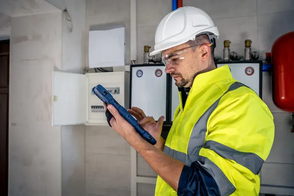 Plumber performing leak detection work on a residential water line